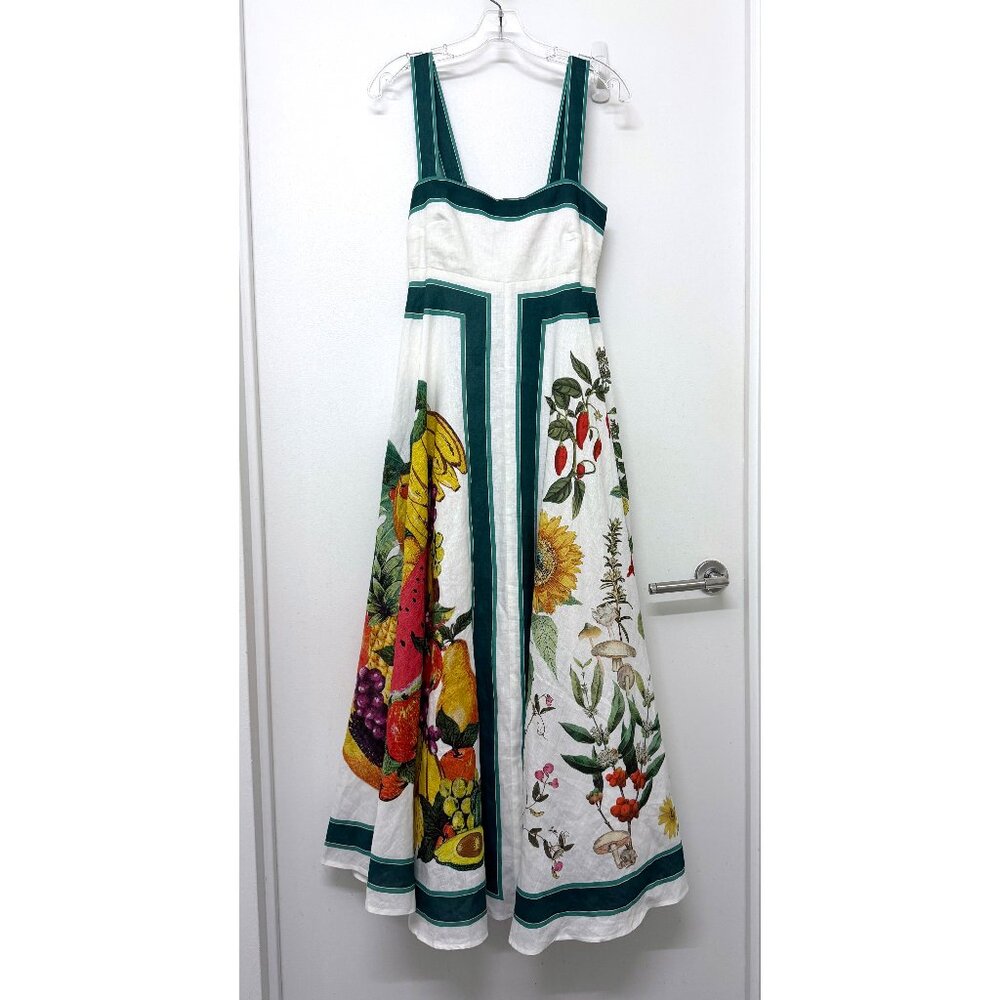 NWT Alemais Frutta Midi Sun Dress White Green Floral Fruit Stripe Linen AU 8 US4 - Picture 3 of 16